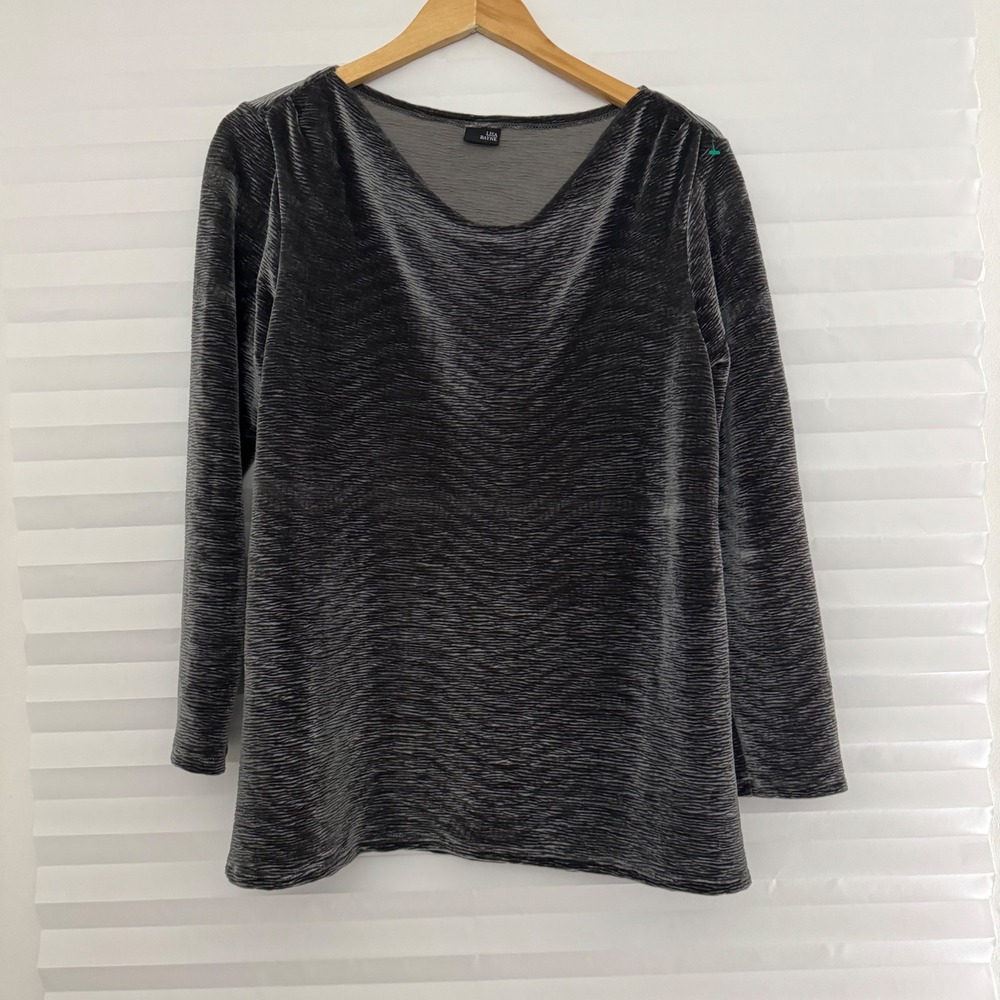 Lisa Bayne Charcoal Grey Textured Velvet‎ Scoop Neck Long Sleeve Top